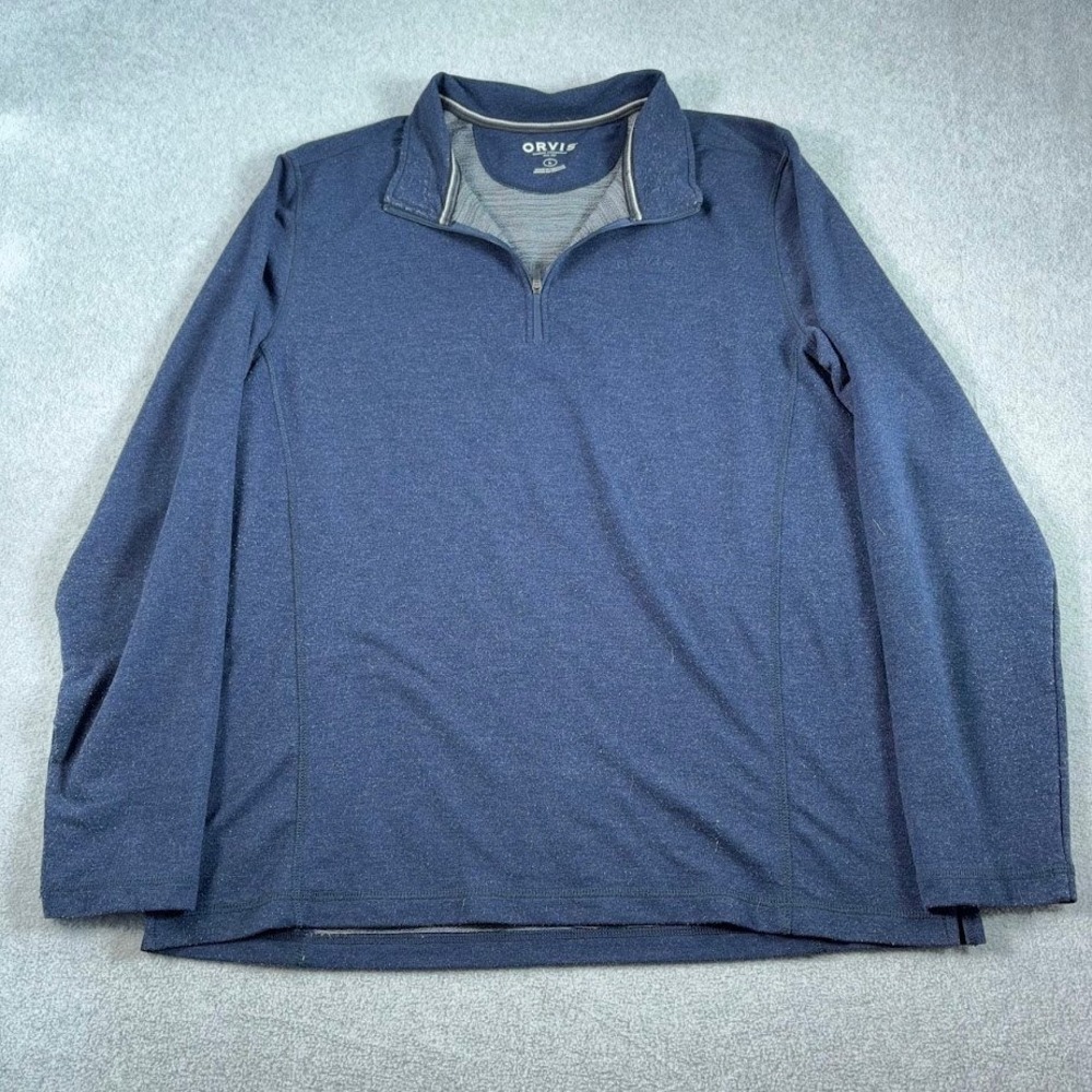 Orvis Quarter Zip Pullover Mens L Navy Blue Heathered Mock Neck Long Sleeve Logo - Picture 2 of 7